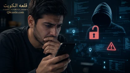 شخص قلق يفحص هاتفه مع رموز اختراق وتحذير أمني | قلعه الكويت