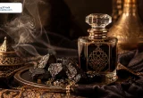 صورة واقعية للمسك الأسود في زجاجة فاخرة مع قطع المسك وشعار قلعة الكويت أعلى اليسار
