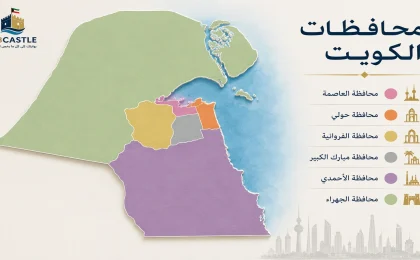 خريطة توضيحية لمحافظات الكويت الست مع تقسيمات ملونة وشعار Q8Castle.