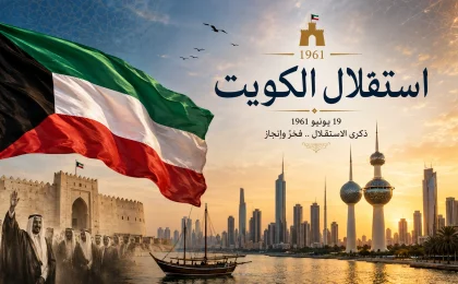 تصميم يجسد استقلال الكويت مع علم الكويت وأبراج الكويت وقصر السيف وعناصر من التراث الوطني.