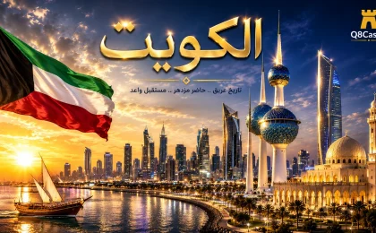 صورة بارزة لدولة الكويت تضم أبراج الكويت، أفق مدينة الكويت، المسجد الكبير، علم الكويت، والخليج العربي.