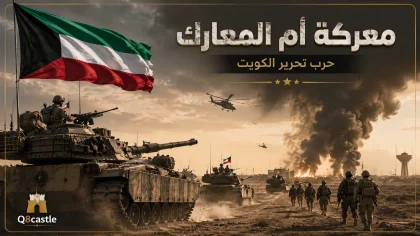 تصميم درامي لمعركة أم المعارك خلال حرب تحرير الكويت يظهر الدبابات والجنود والطائرات العسكرية وعلم الكويت.