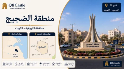 بطاقة تعريف منطقة الضجيج في محافظة الفروانية مع خريطة موقع المنطقة وصورة لأحد معالمها.
