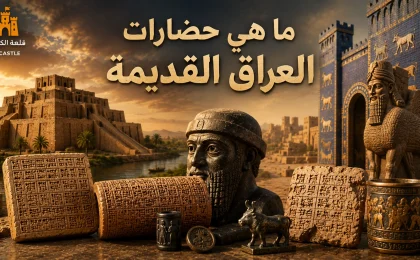 حضارات العراق القديمة مع الزقورات وبوابة عشتار والتماثيل والألواح المسمارية في مشهد تاريخي.