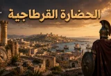 الحضارة القرطاجية مع مدينة قرطاج القديمة ومينائها وسفنها التجارية في مشهد تاريخي.
