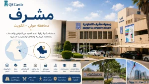 تصميم بارز لمنطقة مشرف في محافظة حولي بالكويت مع تحديد موقعها على الخريطة وواجهة جمعية مشرف التعاونية.