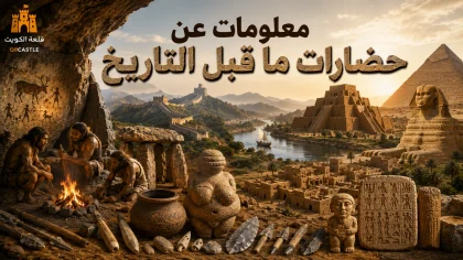 معلومات عن حضارات ما قبل التاريخ مع البشر الأوائل والأدوات الحجرية ورسومات الكهوف في صورة بارزة.