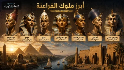 أبرز ملوك الفراعنة في صورة بانورامية تضم أشهر ملوك مصر القديمة مع الأهرامات والمعابد ونهر النيل.
