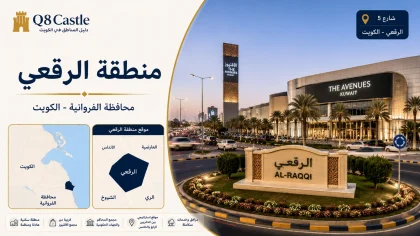 بطاقة تعريف منطقة الرقعي في محافظة الفروانية مع خريطة موقع المنطقة وصورة لأحد أبرز معالمها.