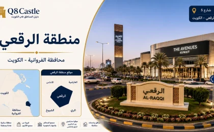 بطاقة تعريف منطقة الرقعي في محافظة الفروانية مع خريطة موقع المنطقة وصورة لأحد أبرز معالمها.
