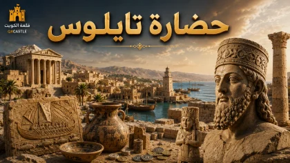 حضارة تايلوس مع مدينة ساحلية قديمة وآثار تاريخية وسفن تجارية في الخليج العربي.