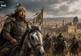 من هم المغول مع قائد مغولي وفرسان على ظهور الخيل في مشهد تاريخي.