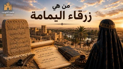زرقاء اليمامة في مشهد عربي قديم يطل على واحة ومدينة تاريخية وسط الجزيرة العربية.
