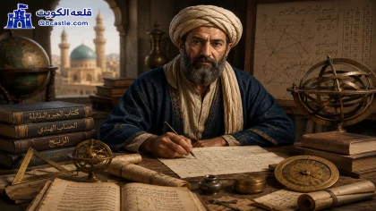 عالم من علماء الرياضيات داخل مكتبة تاريخية محاط بالمخطوطات والأدوات العلمية | قلعة الكويت