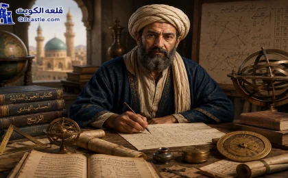 عالم من علماء الرياضيات داخل مكتبة تاريخية محاط بالمخطوطات والأدوات العلمية | قلعة الكويت