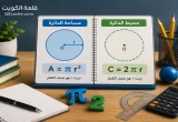 رسم تعليمي يوضح قانون مساحة الدائرة ومحيطها باستخدام نصف القطر والرمز ط | قلعة الكويت